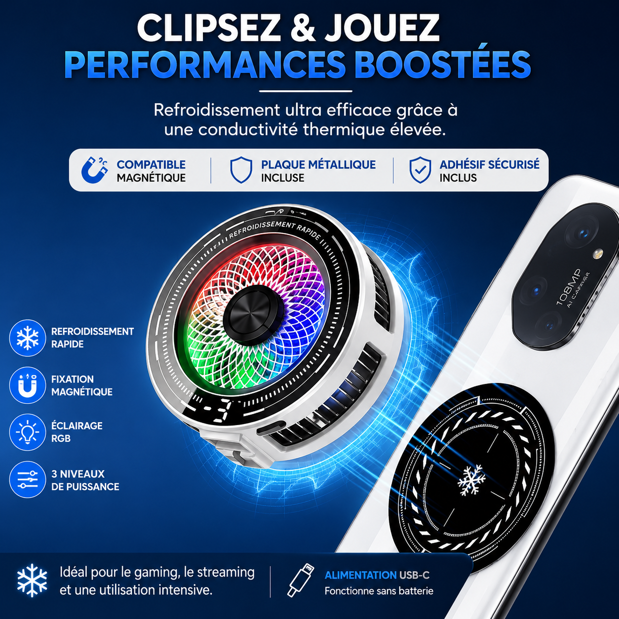 Refroidisseur Magnétique pour Smartphone 15W avec Écran LED RGB